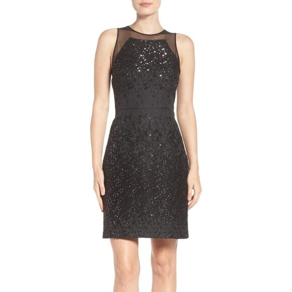 VERA WANG Black Cocktail Dress Metallic Textured Sleeveless Zipper Back Mesh 6 - Picture 1 of 11